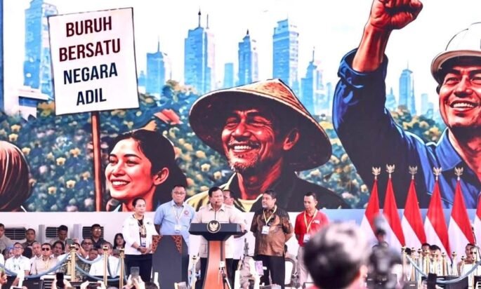 Bersama 400 ribu buruh dari berbagai daerah di Indonesia, Presiden Prabowo Subianto memperingati Hari Buruh Internasional yang digelar di kawasan Lapangan Silang Monumen Nasional (Monas),