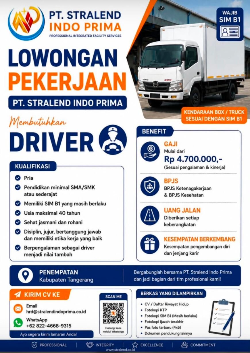 PT Stralend Indo Prima Buka Lowongan Driver, Tawarkan Gaji Mulai Rp4,7 Juta dan Peluang Karier di Kabupaten Tangerang